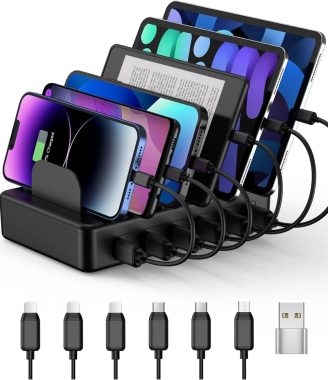 CREATIVE DESIGN 50W 6 Ports Multi Charger Station with 6 Charging Cables, USB Charging Dock for Multiple Devices, Compatible with Cellphone iPad Kindle Tablet and Other Electronic Devices