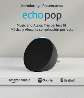 Echo Pop | Full sound compact smart speaker with Alexa | International Version with US Power Adaptor | Charcoal