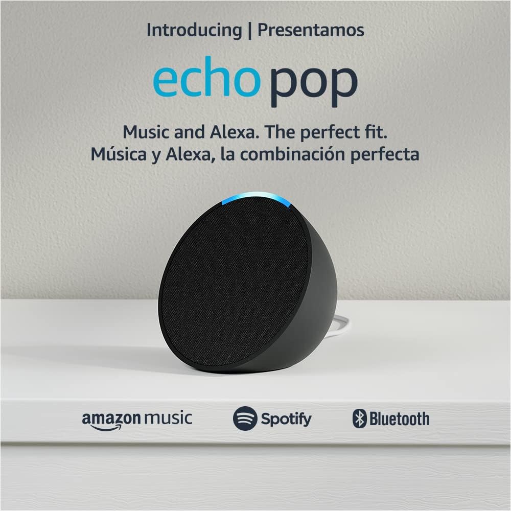 Echo Pop | Full sound compact smart speaker with Alexa | International Version with US Power Adaptor | Charcoal
