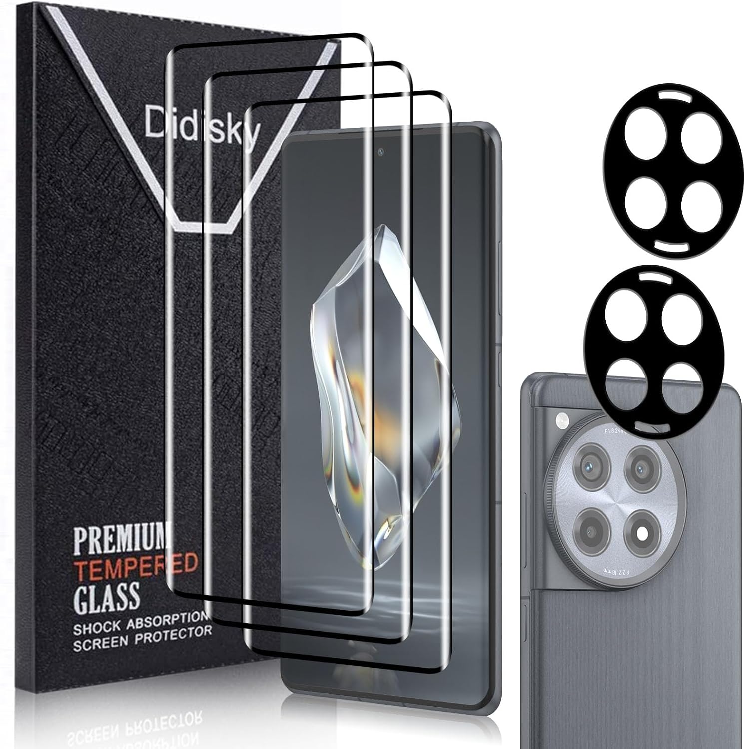Screen Protector for Oneplus 12R(Not for 12,12 Pro), 3 Pack Tempered Glass Film with 2 Pak Lens Protector, 3D Curved Full Coverage,Scratch-Resistant, 9H Hardness,Easy to Use