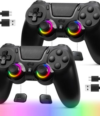 TJPD 2 Pack for PS4 Controller, Wireless Controller for PS4/Pro/Slim/PC, with 2 Rear Button and 2 USB-C Cable (Black)